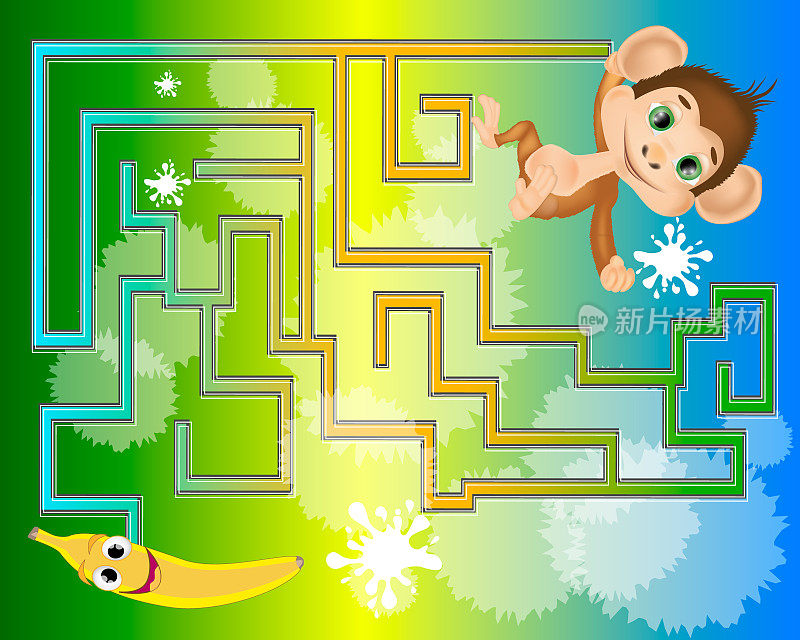 Colorful maze for kids with a monkey and banana.